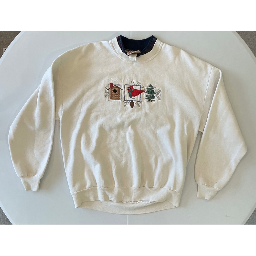 VTG USA Made 90s Morning Sun Granny Sweatshirt XL Cream Embroidered Cardina